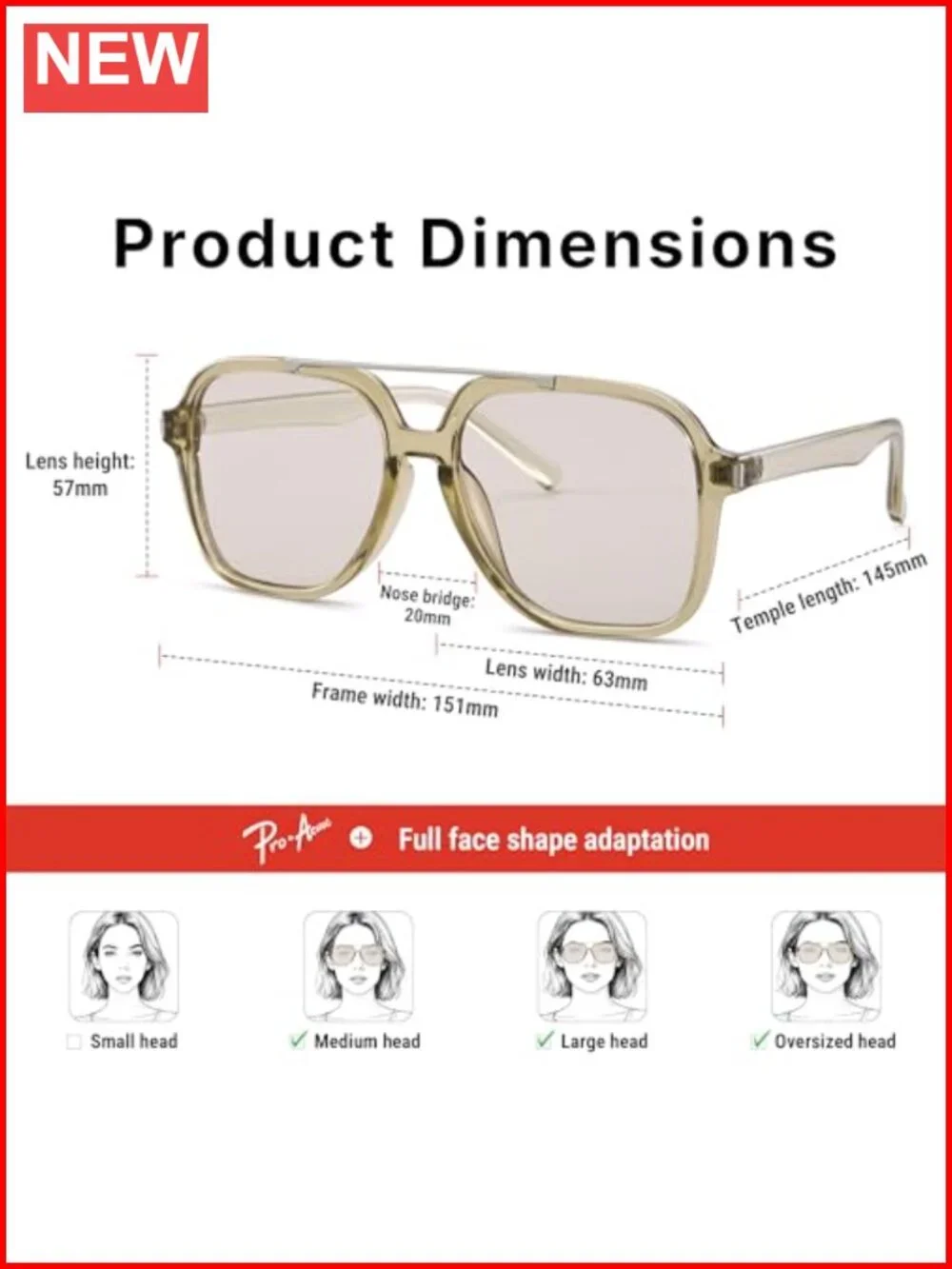 Oversized Aviator Sunglasses Retro Square Frame UV400 Protection